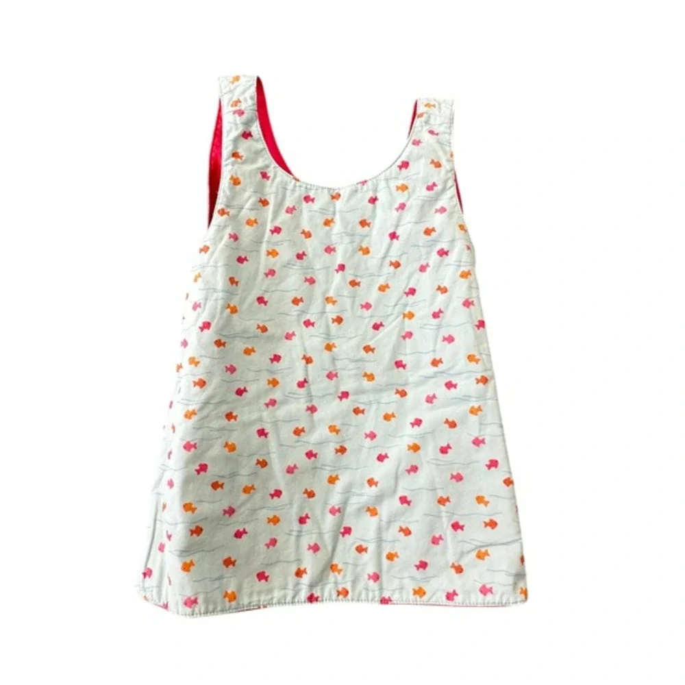 Gymboree 2T Reversible Pinafore Dress Coral Red Fish Floral Embroidery Cotton‎